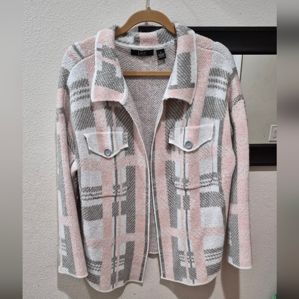 Love Ever After Plaid Knit Sweater/Shacket Soft Cozy Pink Gray Size XL - EUC